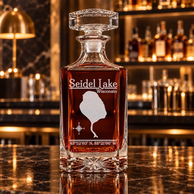 Seidel Lake Wisconsin Classic engraved square whiskey decanter — decanter alone in bar scene
