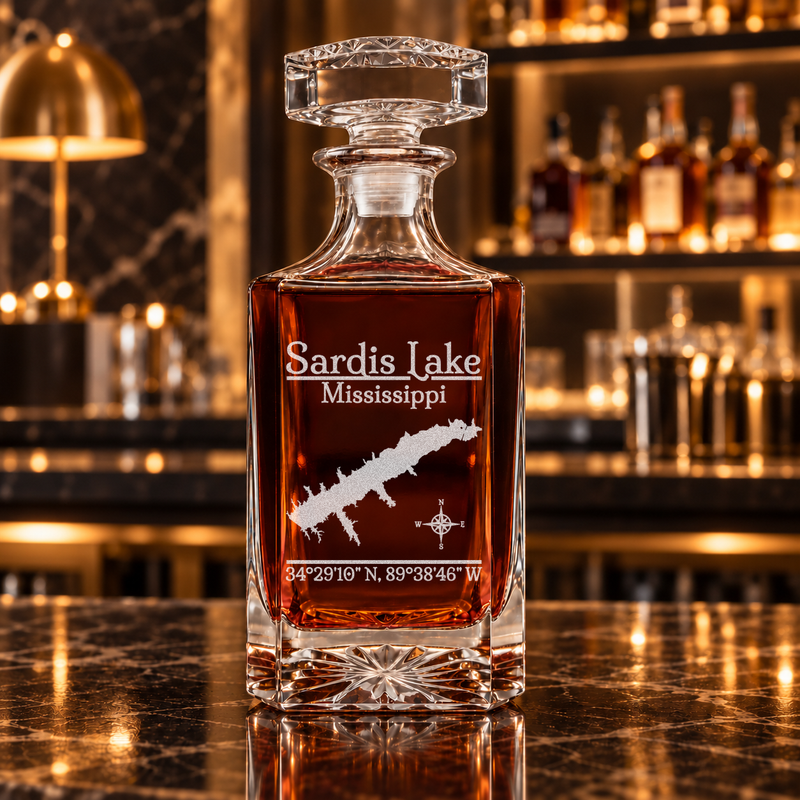 Sardis Lake Mississippi Classic engraved square whiskey decanter — decanter alone in bar scene