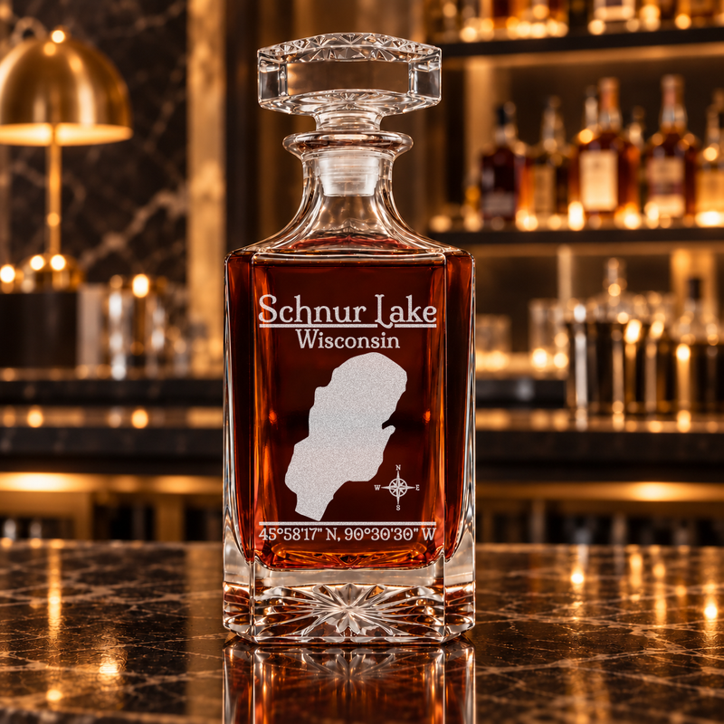 Schnur Lake Wisconsin Classic engraved square whiskey decanter — decanter alone in bar scene
