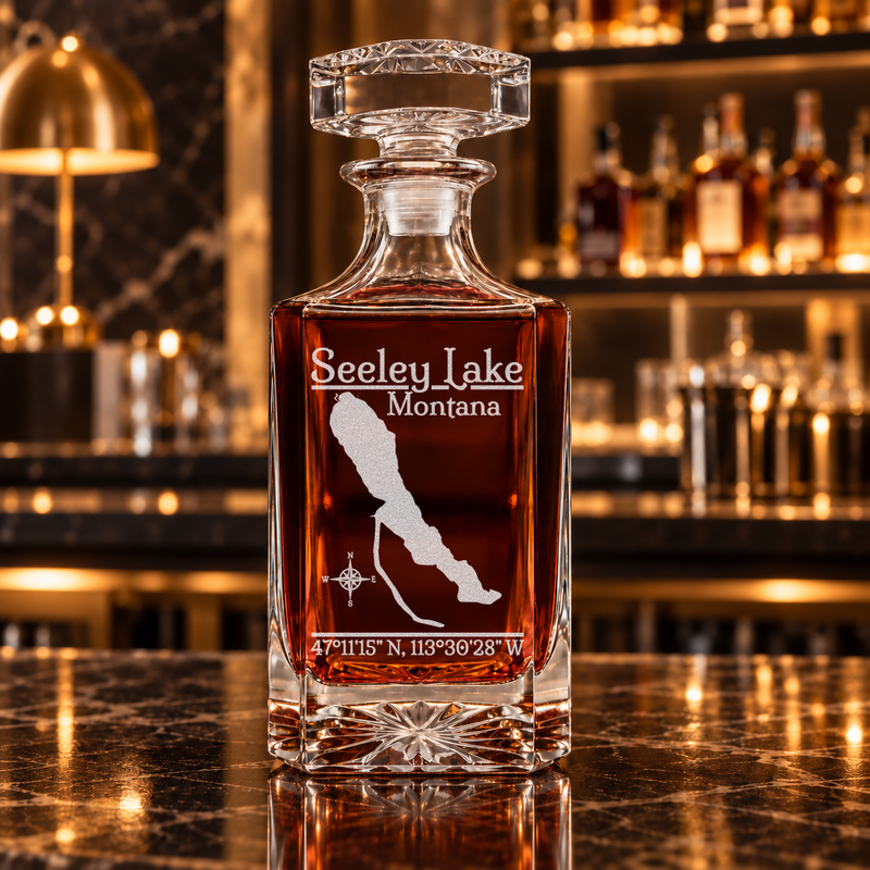 Seeley Lake Montana Classic engraved square whiskey decanter — decanter alone in bar scene