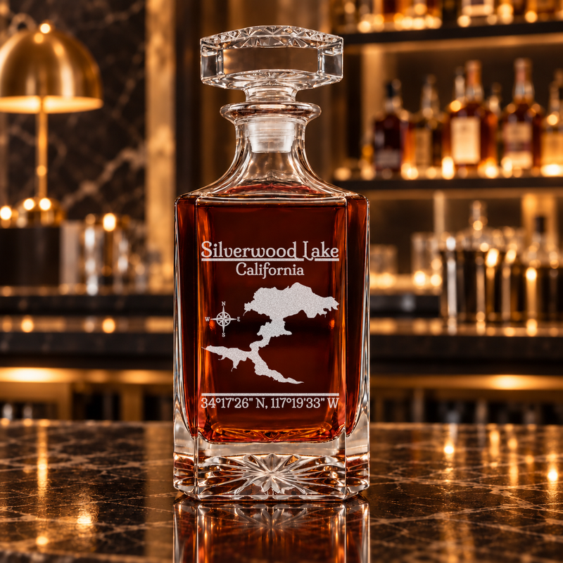 Silverwood Lake California Classic engraved square whiskey decanter — decanter alone in bar scene