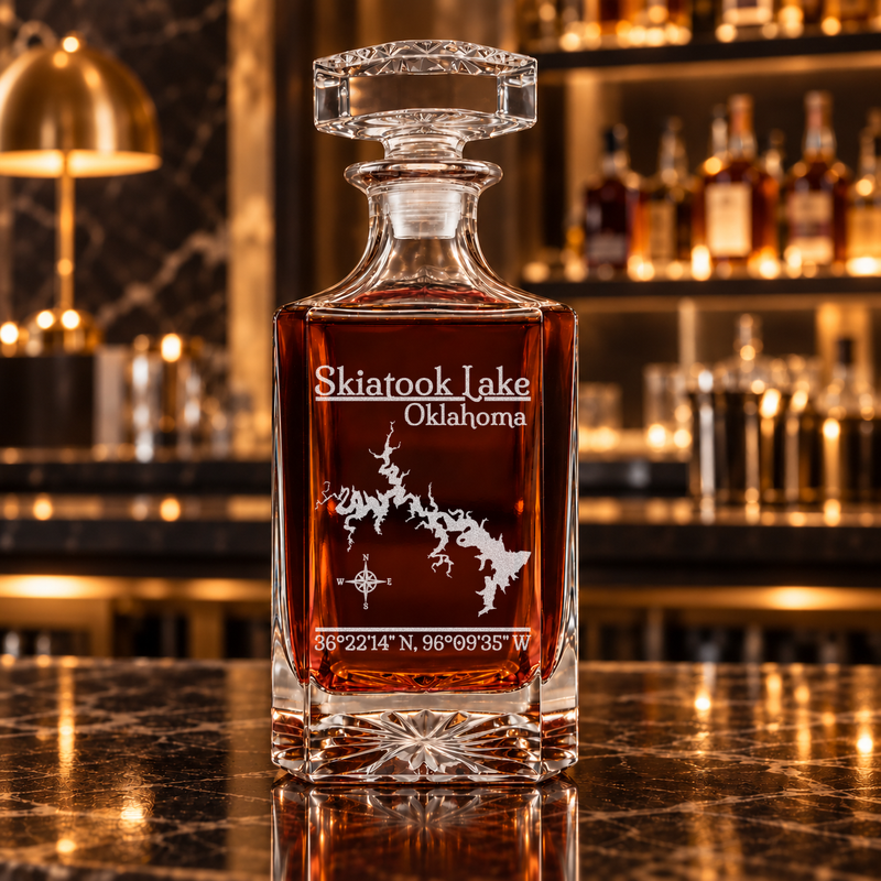 Skiatook Lake Oklahoma Classic engraved square whiskey decanter — decanter alone in bar scene