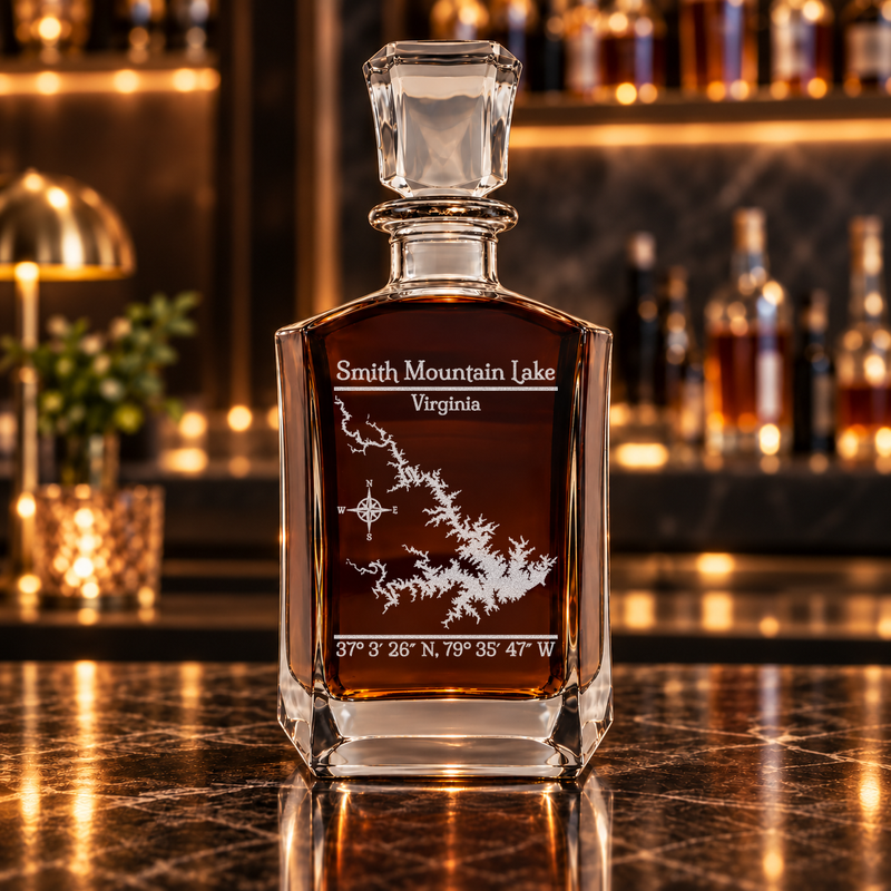 Smith Mountain Lake Virginia Classic engraved six-sided whiskey decanter — decanter alone in bar scene