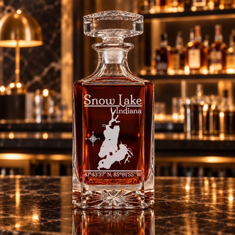 Snow Lake Indiana Classic engraved square whiskey decanter — decanter alone in bar scene