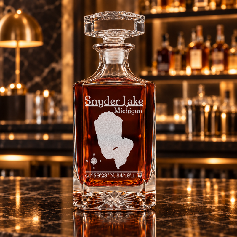 Snyder Lake Michigan Classic engraved square whiskey decanter — decanter alone in bar scene