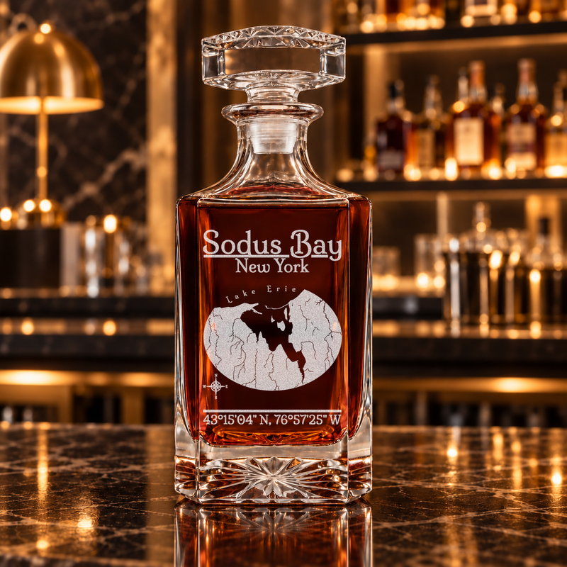 Sodus Bay New York Classic engraved square whiskey decanter — decanter alone in bar scene