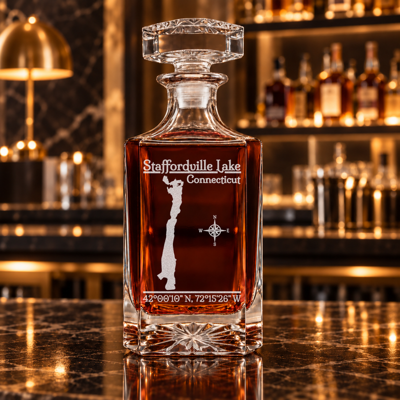 Staffordville Lake Connecticut Classic engraved square whiskey decanter — decanter alone in bar scene