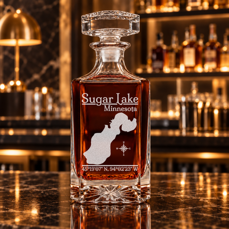 Sugar Lake Minnesota Classic engraved square whiskey decanter — decanter alone in bar scene