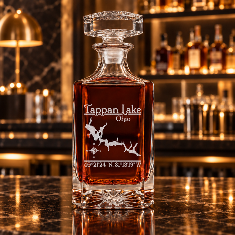 Tappan Lake Ohio Classic engraved square whiskey decanter — decanter alone in bar scene