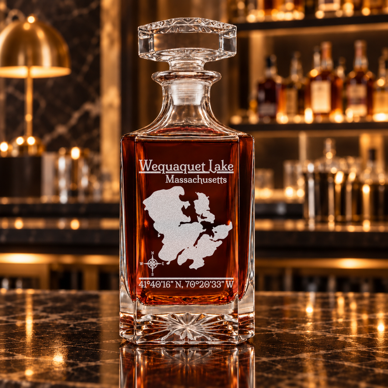 Wequaquet Lake Massachusetts Classic engraved square whiskey decanter — decanter alone in bar scene