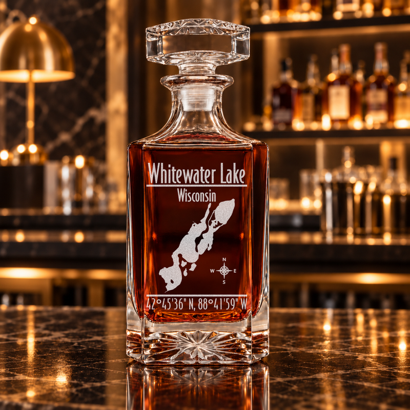 Whitewater Lake Wisconsin Modern engraved square whiskey decanter — decanter alone in bar scene