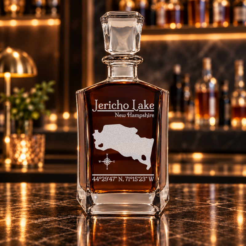 Jericho Lake New Hampshire Classic engraved six-sided whiskey decanter - decanter alone