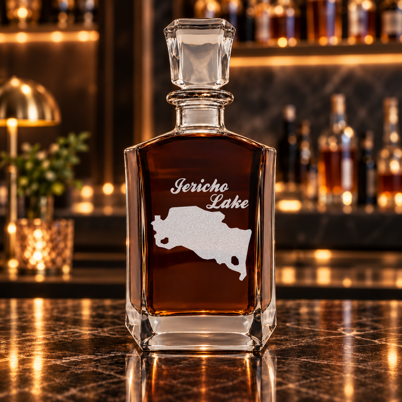 Jericho Lake New Hampshire Minimalist engraved six-sided whiskey decanter - decanter alone