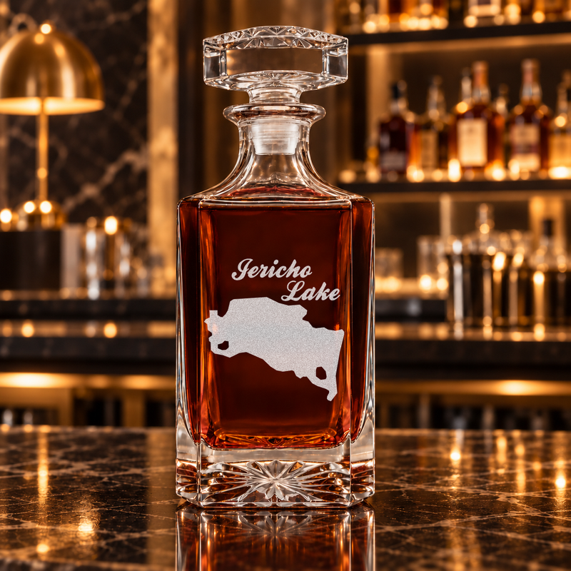 Jericho Lake New Hampshire Minimalist engraved square whiskey decanter - decanter alone