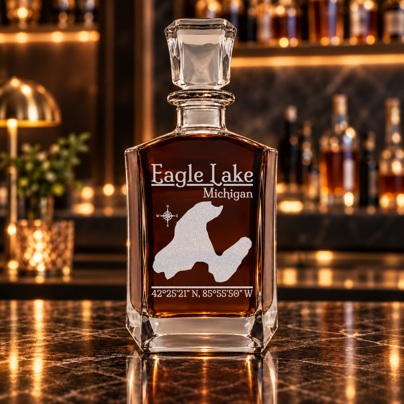Eagle Lake Michigan Classic engraved six-sided whiskey decanter - decanter alone