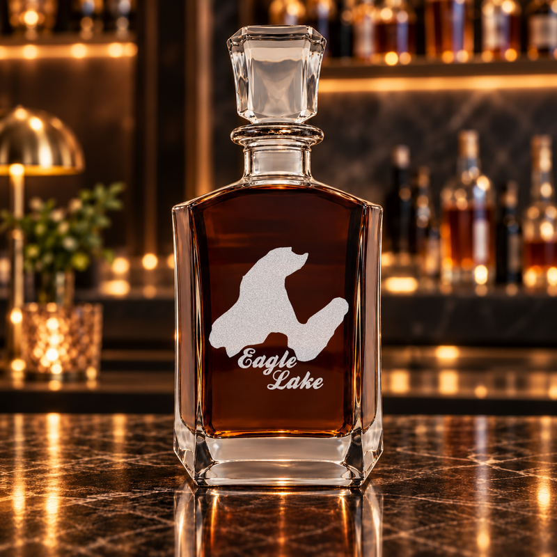 Eagle Lake Michigan Minimalist engraved six-sided whiskey decanter - decanter alone