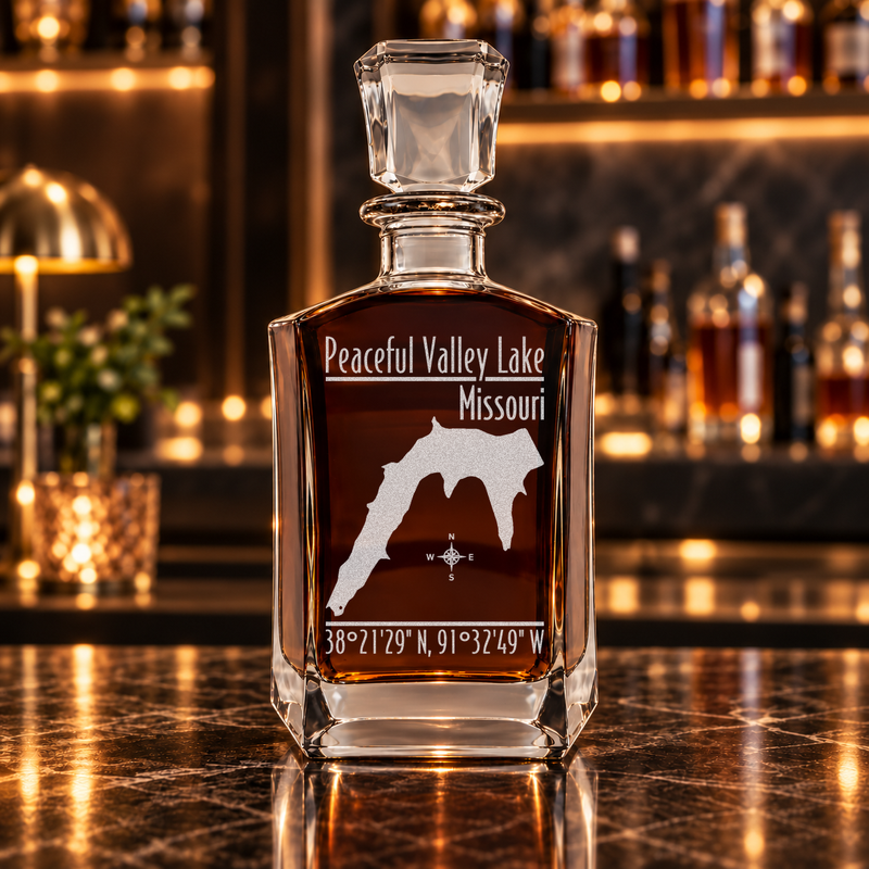 Peaceful Valley Lake Missouri Modern engraved six-sided whiskey decanter - decanter alone