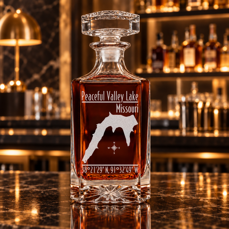 Peaceful Valley Lake Missouri Modern engraved square whiskey decanter - decanter alone