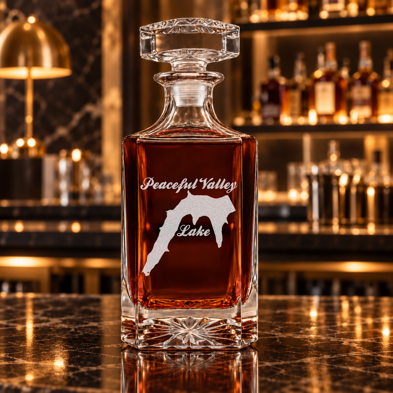 Peaceful Valley Lake Missouri Minimalist engraved square whiskey decanter - decanter alone