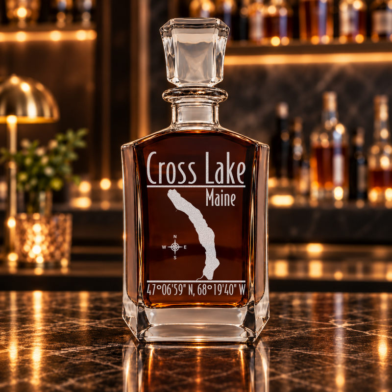 Cross Lake Maine Modern engraved six-sided whiskey decanter - decanter alone