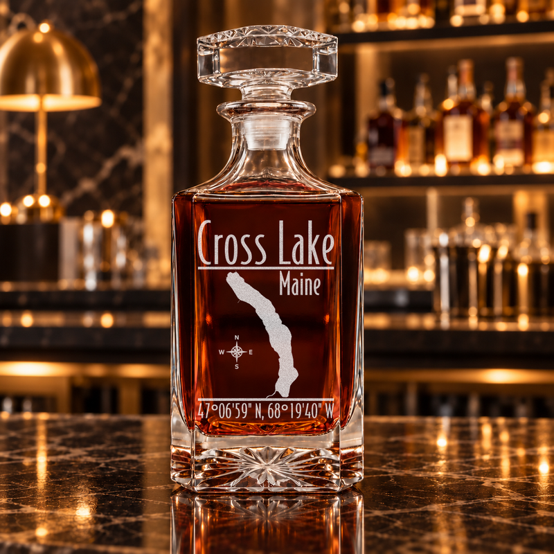Cross Lake Maine Modern engraved square whiskey decanter - decanter alone