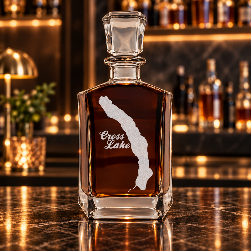 Cross Lake Maine Minimalist engraved six-sided whiskey decanter - decanter alone