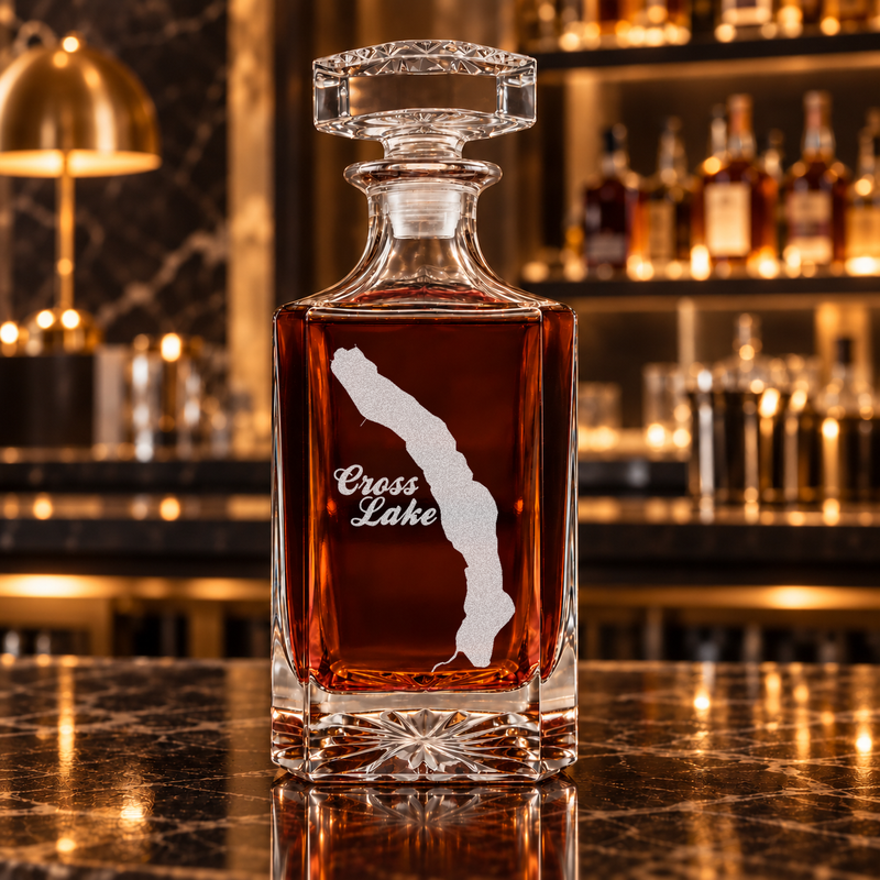 Cross Lake Maine Minimalist engraved square whiskey decanter - decanter alone