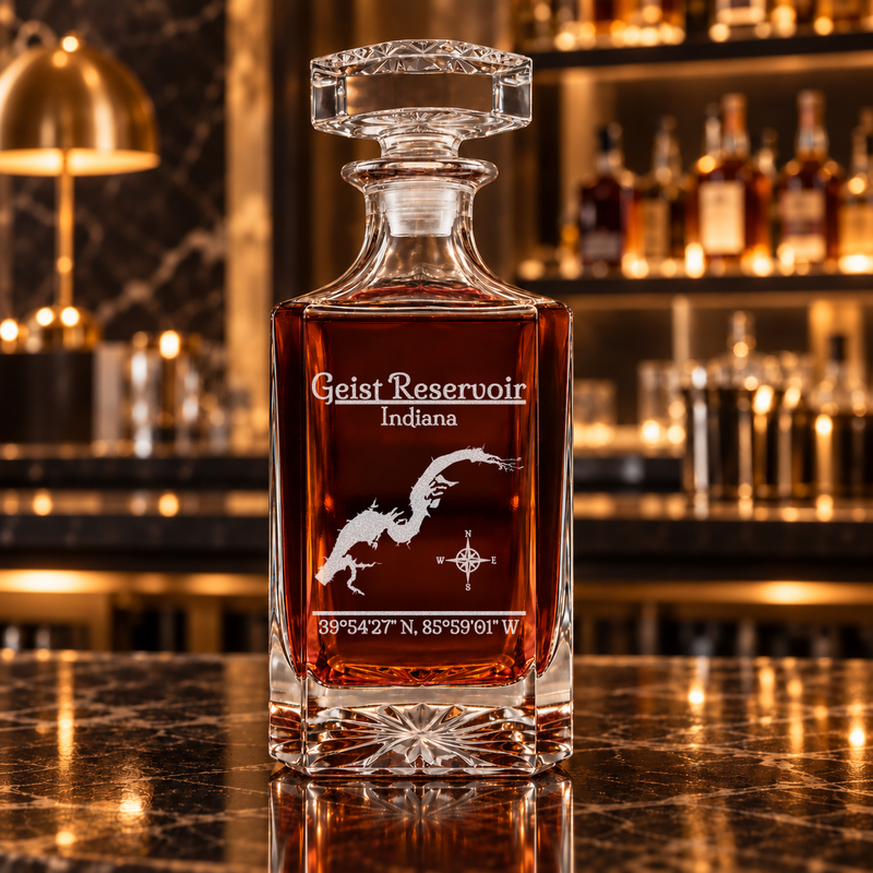 Geist Reservoir Indiana Classic engraved square whiskey decanter - decanter alone