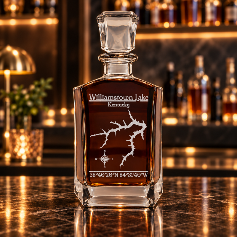 Williamstown Lake Kentucky Classic engraved six-sided whiskey decanter - decanter alone