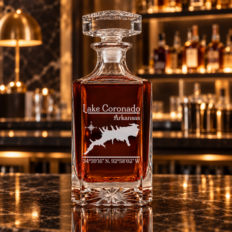 Lake Coronado Arkansas Classic engraved square whiskey decanter - decanter alone