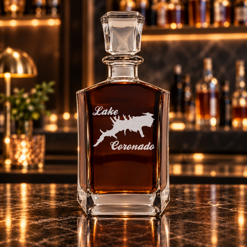 Lake Coronado Arkansas Minimalist engraved six-sided whiskey decanter - decanter alone