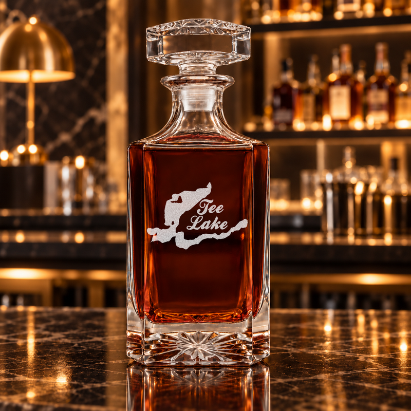 Tee Lake Michigan Minimalist engraved square whiskey decanter - decanter alone