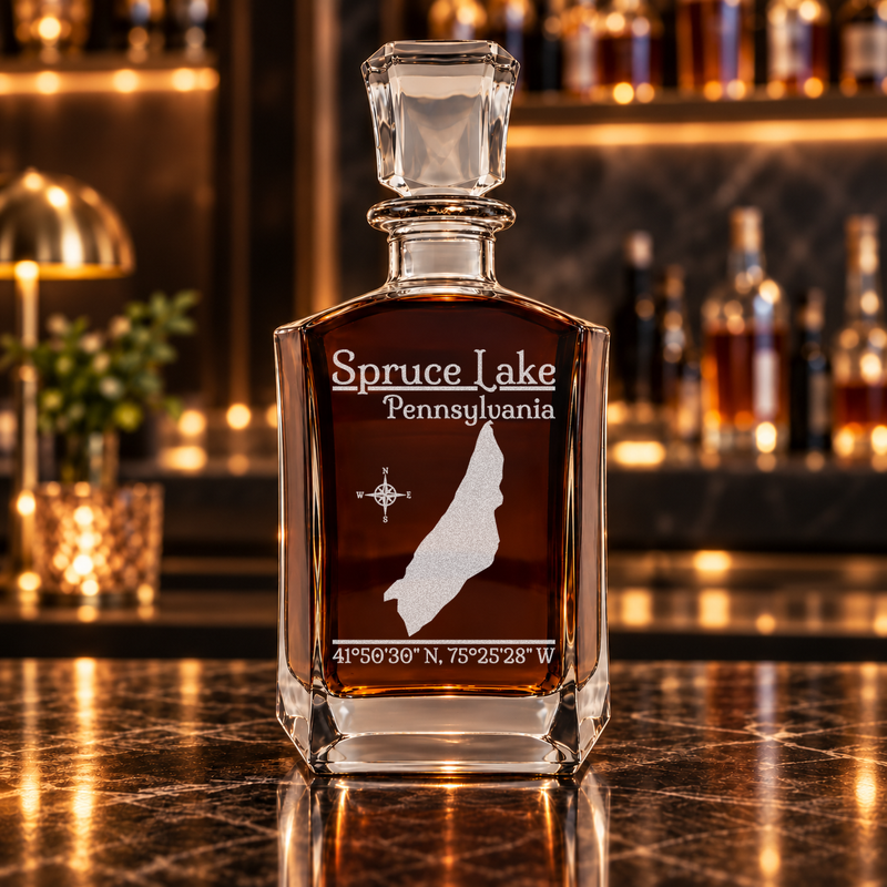 Spruce Lake Pennsylvania Classic engraved six-sided whiskey decanter - decanter alone