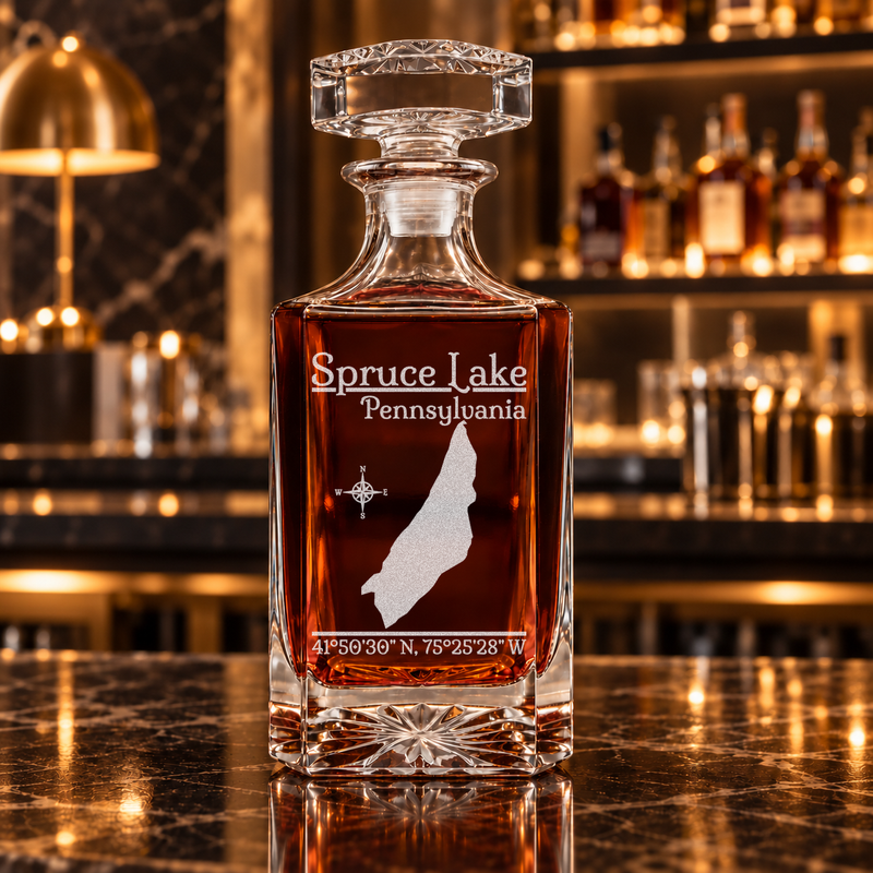 Spruce Lake Pennsylvania Classic engraved square whiskey decanter - decanter alone
