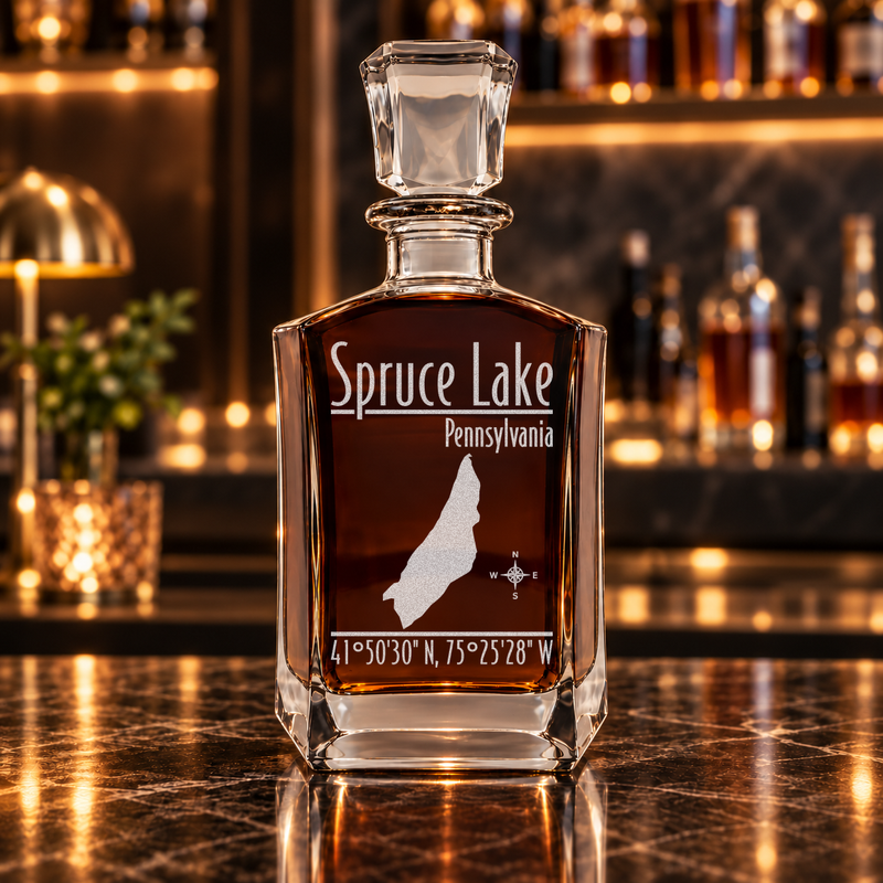 Spruce Lake Pennsylvania Modern engraved six-sided whiskey decanter - decanter alone