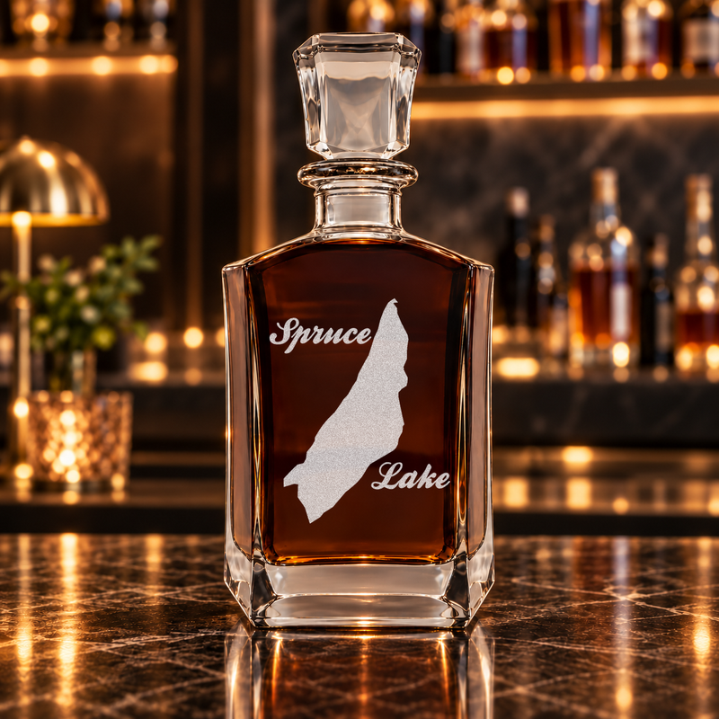 Spruce Lake Pennsylvania Minimalist engraved six-sided whiskey decanter - decanter alone