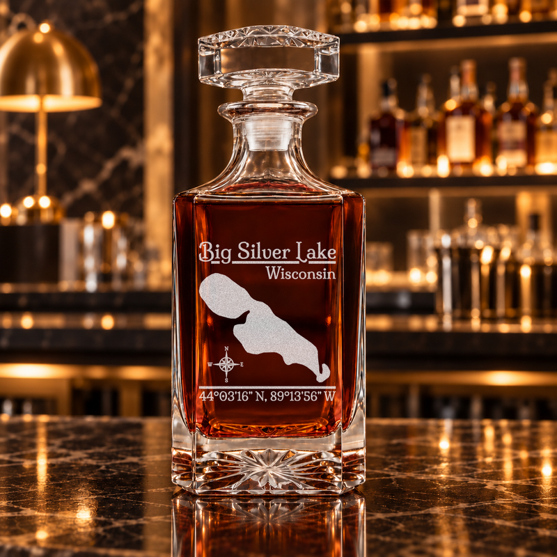 Big Silver Lake Wisconsin Classic engraved square whiskey decanter - decanter alone
