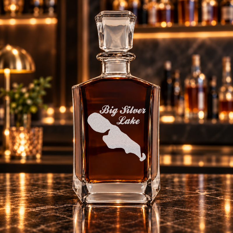 Big Silver Lake Wisconsin Minimalist engraved six-sided whiskey decanter - decanter alone