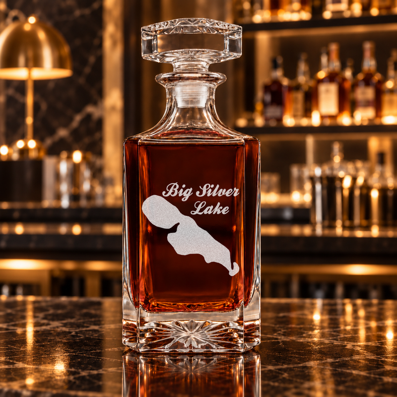 Big Silver Lake Wisconsin Minimalist engraved square whiskey decanter - decanter alone