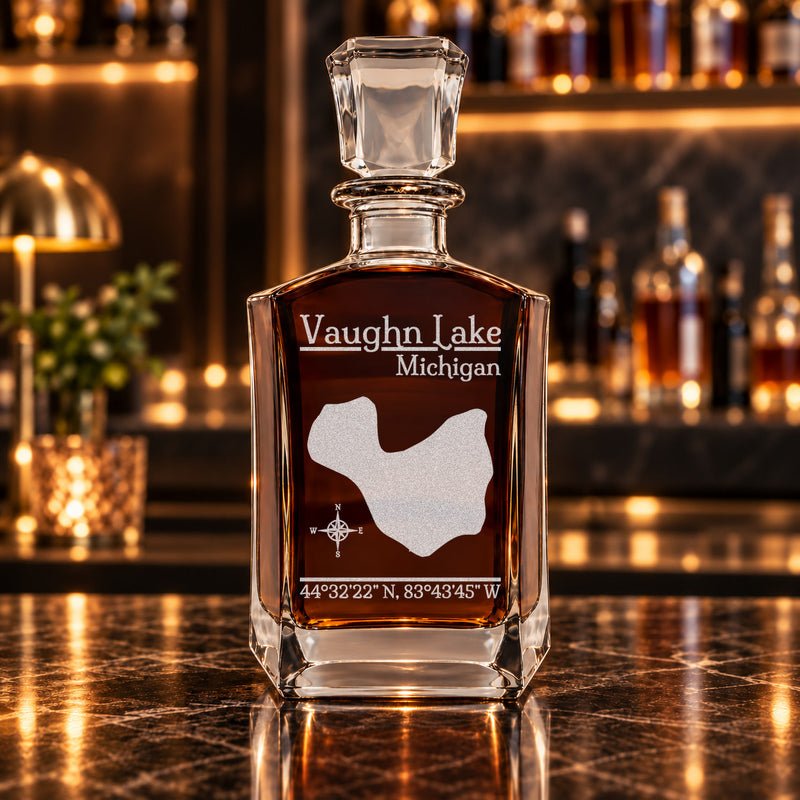 Vaughn Lake Michigan Classic engraved six-sided whiskey decanter - decanter alone
