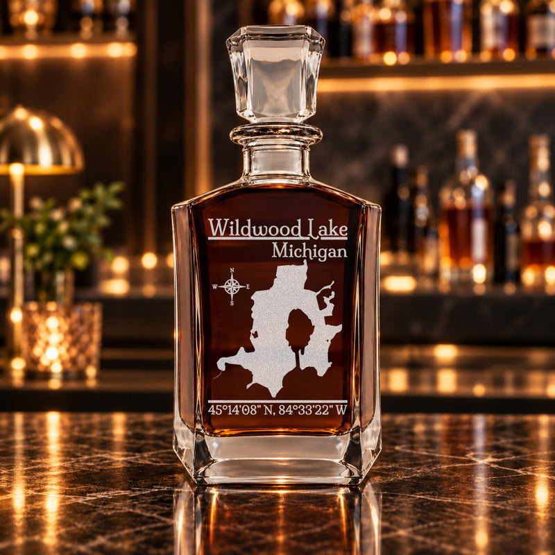 Wildwood Lake Michigan Classic engraved six-sided whiskey decanter - decanter alone