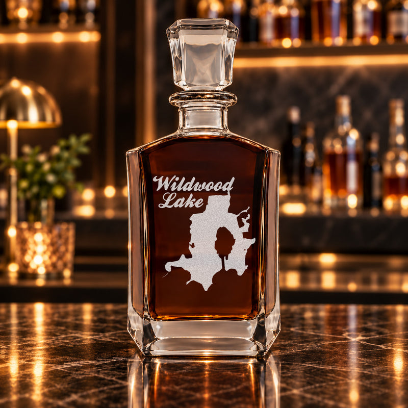 Wildwood Lake Michigan Minimalist engraved six-sided whiskey decanter - decanter alone