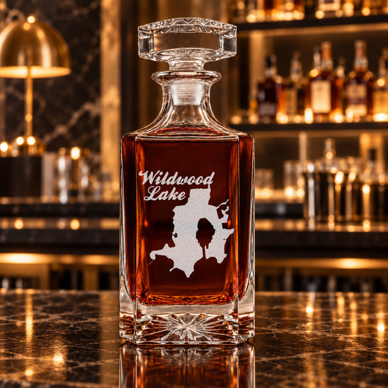 Wildwood Lake Michigan Minimalist engraved square whiskey decanter - decanter alone