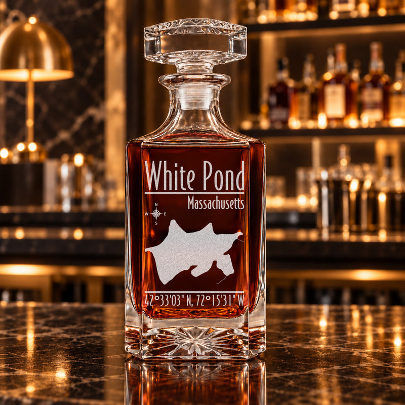 White Pond Massachusetts Modern engraved square whiskey decanter - decanter alone