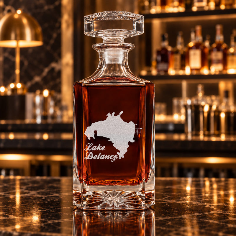 Lake Delancy Florida Minimalist engraved square whiskey decanter - decanter alone