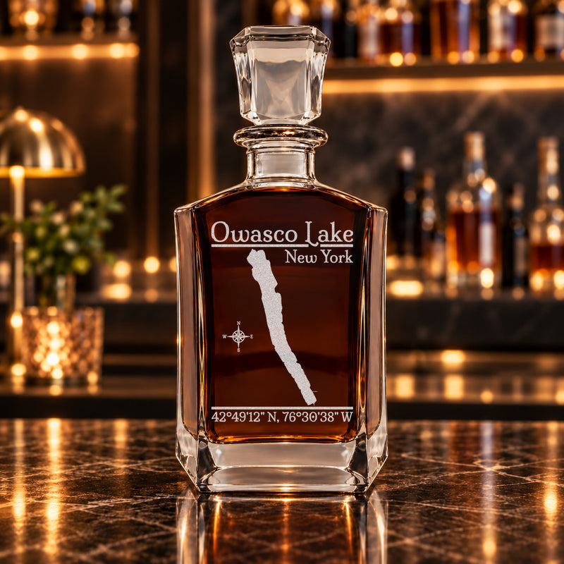 Owasco Lake New York Classic engraved six-sided whiskey decanter - decanter alone