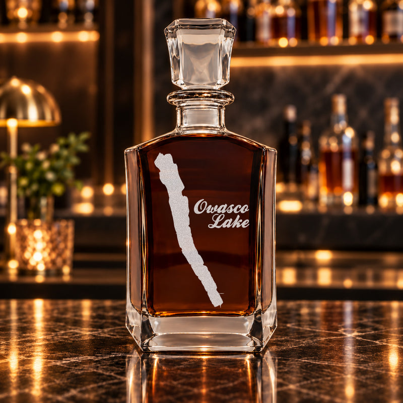 Owasco Lake New York Minimalist engraved six-sided whiskey decanter - decanter alone
