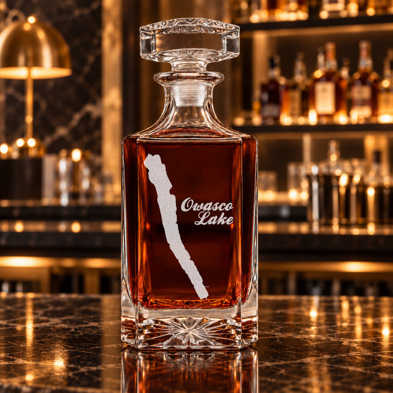 Owasco Lake New York Minimalist engraved square whiskey decanter - decanter alone