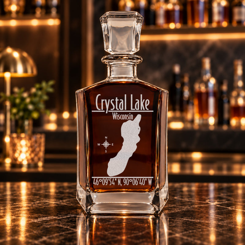 Crystal Lake Wisconsin Modern engraved six-sided whiskey decanter - decanter alone