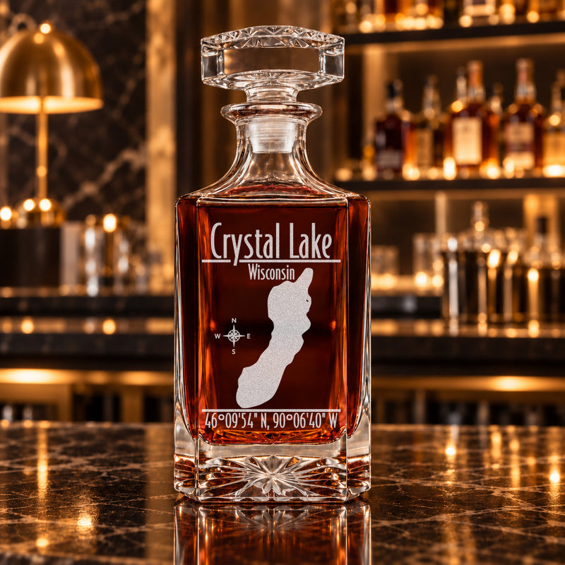 Crystal Lake Wisconsin Modern engraved square whiskey decanter - decanter alone